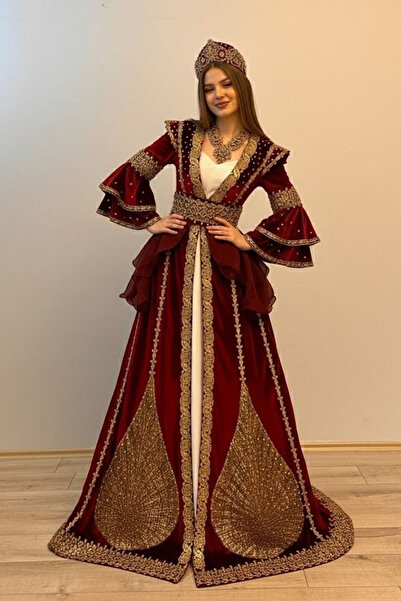ZK ZÜMRÜT KAFTAN Kırmızı Taş İşlemeli Yeni Model Bindallı Kaftan Takımı Taç, ...