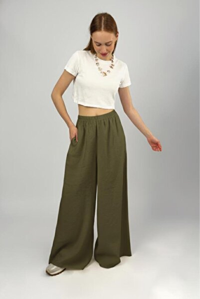 Betimoda Women's Modal High Waist Pocketed Elastic Waist Wide Leg Pants Khaki