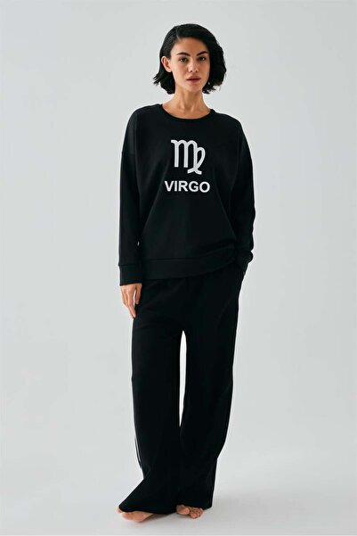 modaserdem Mdsrdm Women's Black Virgo Oversized 2 Thread Tracksuit Home Wear Set