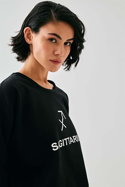 modaserdem Mdsrdm Women's Black Sagittarius Oversized 2 Thread Tracksuit Home Wear Set