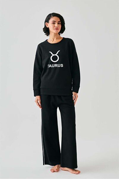modaserdem Mdsrdm Women's Black Taurus Zodiac Sign Oversized 2 Thread Tracksuit Home Wear Set