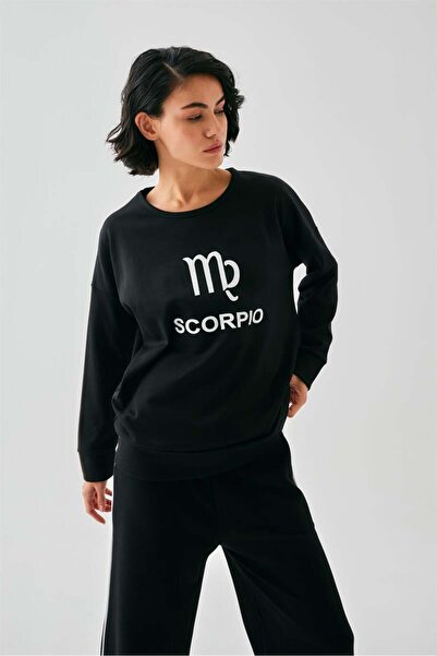 modaserdem Mdsrdm Women's Black Scorpio Zodiac Sign Oversized 2 Thread Tracksuit Home Wear Set