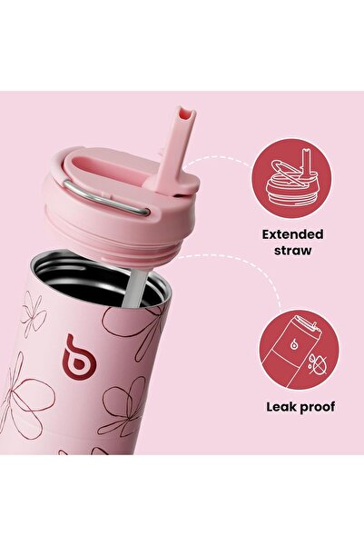 bottlebottle 24 oz Insulated Stainless Steel Water Bottle with Straw and Handle (Flower/Pink)