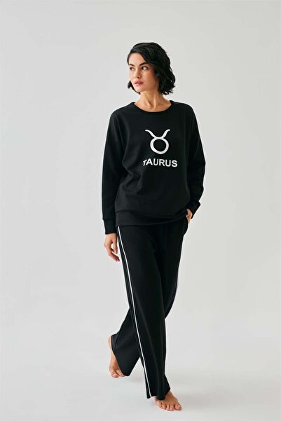 modaserdem Mdsrdm Women's Black Taurus Zodiac Sign Oversized 2 Thread Tracksuit Home Wear Set