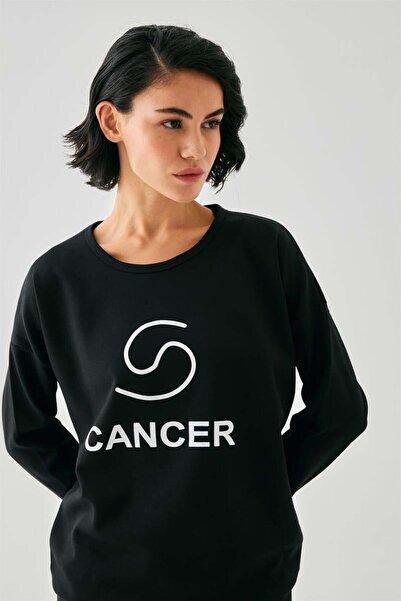 modaserdem Mdsrdm Women's Black Cancer Zodiac Sign Oversized 2 Thread Tracksuit Home Wear Set