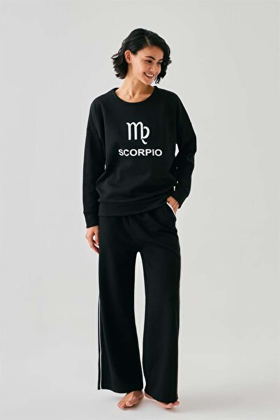 modaserdem Mdsrdm Women's Black Scorpio Zodiac Sign Oversized 2 Thread Tracksuit Home Wear Set
