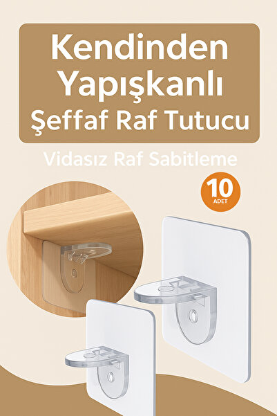 adornazzle Kendinden Yapışkanlı Şeffaf Raf Tutucu, Vidasız Raf Sabitleme 10 Adet