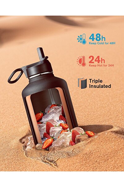 Generic Coolflask 64oz Insulated Wide-Mouth Leakproof Water Bottle with Straw & Spout Lid — Magic Black