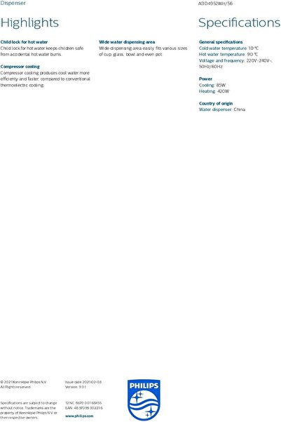 Philips Water Dispenser ADD4952WH/56 (Top Load, Hot & Cold)