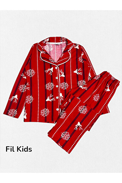 Pajama Shop Boys' Cotton Suede Fabric Snowflake Deer Pattern Red Winter Shirt Collar Buttoned Pajama Set