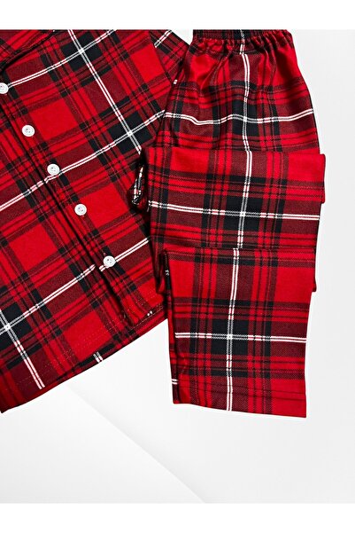 Pajama Shop Boy's Cotton Fabric Suede Red Plaid Patterned Buttoned Winter Shirt Collar Pajama Set