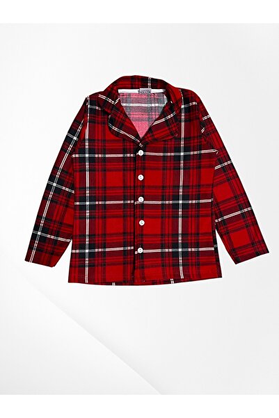 Pajama Shop Boy's Cotton Fabric Suede Red Plaid Patterned Buttoned Winter Shirt Collar Pajama Set