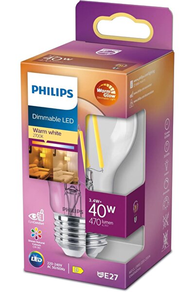 Philips LED Classic E27 Warm Glow 40W Dimmable Warm White Clear Teardrop