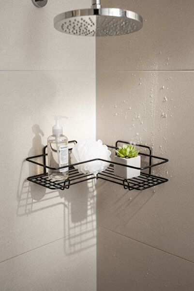 Sas Haus Black L-Shaped Bathroom Shelf with Hooks, Durable Rustproof, Shower Shampoo Holder, Corner Organizer Shelf (Single