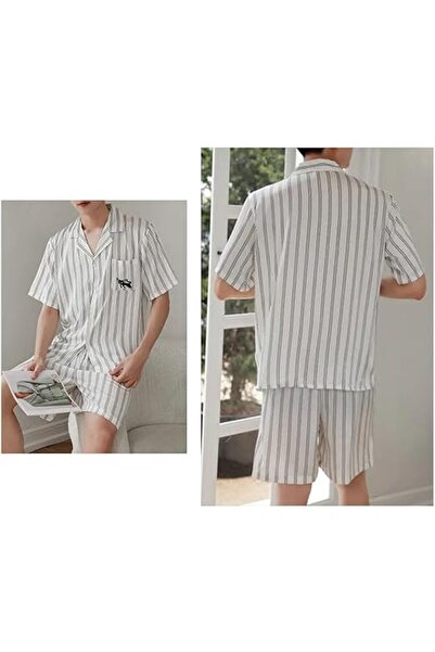 Margoun Couples Matching Pajamas Stripe Silk Short Sleeve Sleepwear Satin Soft Embroidery Cartoon Pa MG09