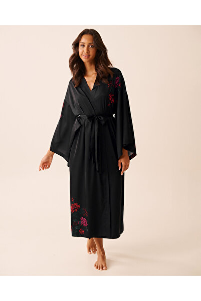 La Vie en Rose كيمونو ساتان طويل بطبعة وردة حمراء