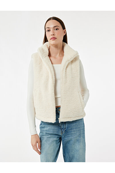 Koton Mock Neck Sleeveless Zippered Crop Plush Vest with Pockets