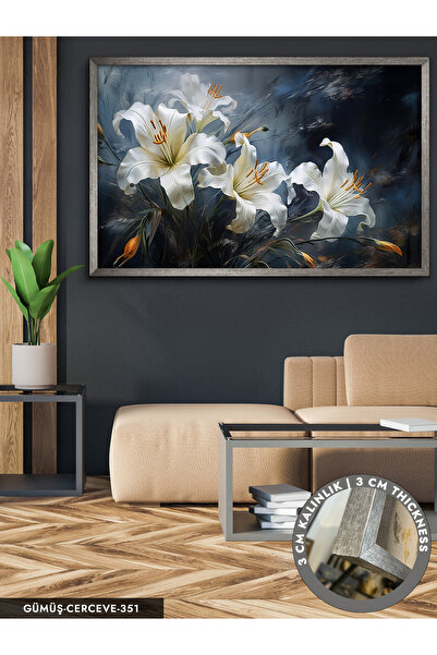 Evinemoda Beyaz Zambaklar Dinamik ve Soyut Sanat Tek Parça Çerçeveli Kanvas T...