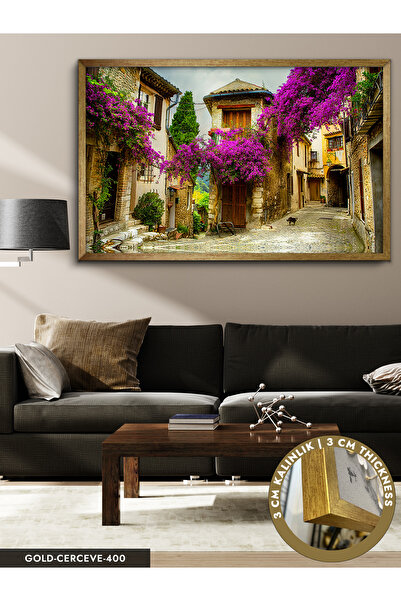 Evinemoda Begonvillerle Bezenmiş Taş Sokak Tek Parça Çerçeveli Kanvas Tablo