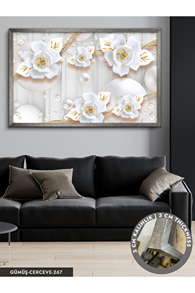 Evinemoda Gold Çiçekler Tek Parça Çerçeveli Kanvas Tablo
