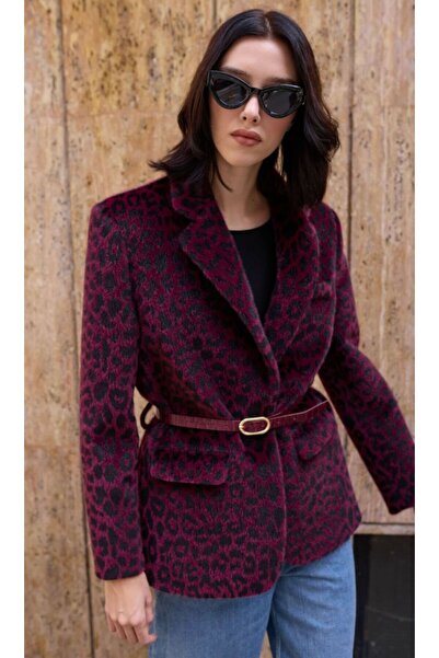 Genel Markalar Bordo Kemerli Leopar Blazer Ceket