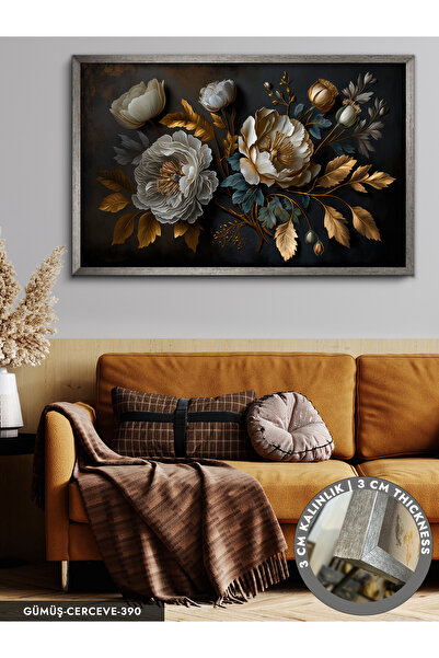 Evinemoda Çiçek Gold Dallar Tek Parça Çerçeveli Kanvas Tablo