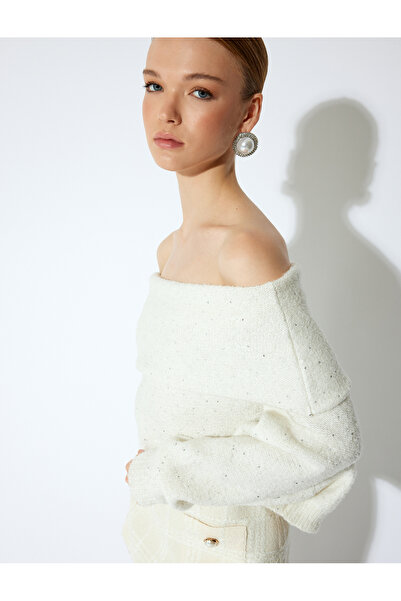 Koton Λεπτομερές πλεκτό πουλόβερ με μακρυμάνικο κέντημα με πούλιες