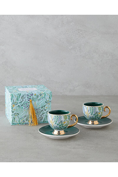 English Home Leafora New Bone China 4 Piece Coffee Cup Set for 2 People 100 ml Green-Blue