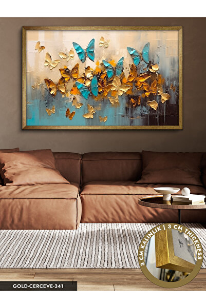 Evinemoda Mavi Kelebekler Gold Arkaplan Detaylı Tek Parça Çerçeveli Kanvas Tablo