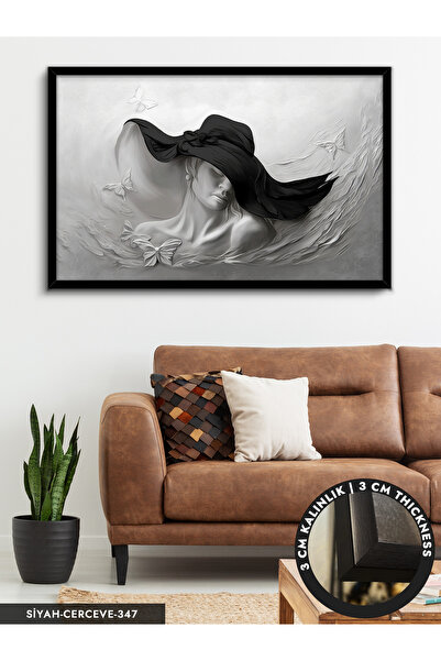 Evinemoda Siyah Şapkalı Kadın Yağlı Boya Görünümlü Tek Parça Çerçeveli Kanvas...