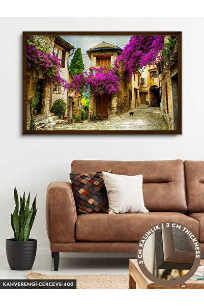 Evinemoda Begonvillerle Bezenmiş Taş Sokak Tek Parça Çerçeveli Kanvas Tablo
