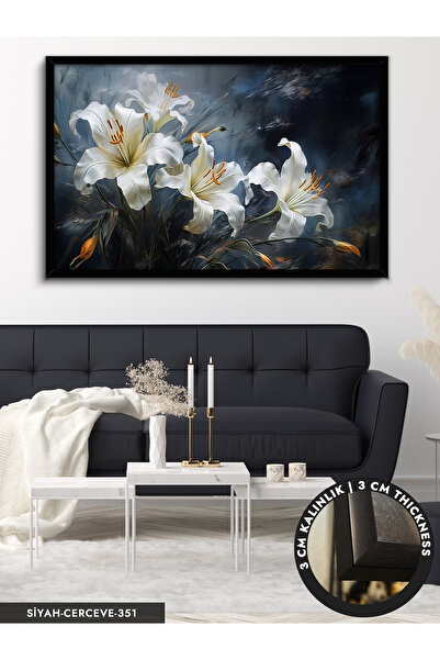Evinemoda Beyaz Zambaklar Dinamik ve Soyut Sanat Tek Parça Çerçeveli Kanvas T...