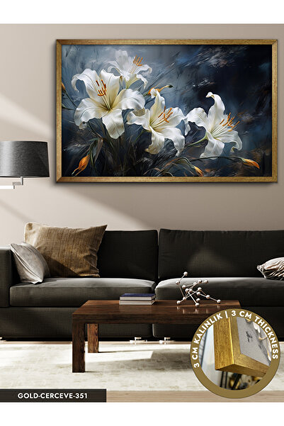 Evinemoda Beyaz Zambaklar Dinamik ve Soyut Sanat Tek Parça Çerçeveli Kanvas T...