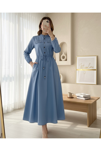 MİYALORA Bağcıklı Minimal Elbise Uzun Buz Tünel İnci Kot