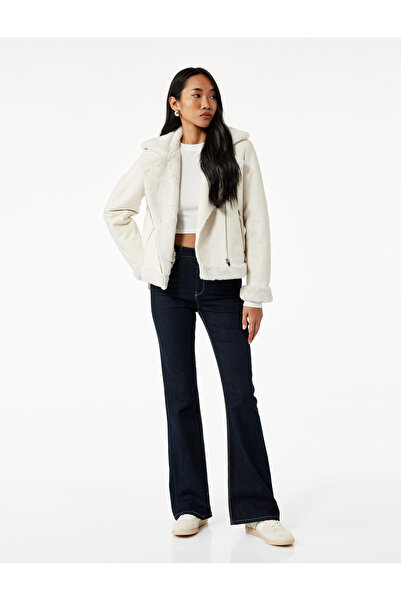 Koton Zippered Long Sleeve Plush Collar Suede Look Crop Biker Jacket with Pockets