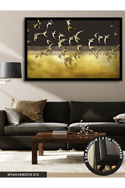 Evinemoda Gold Kuşlar Tek Parça Çerçeveli Kanvas Tablo