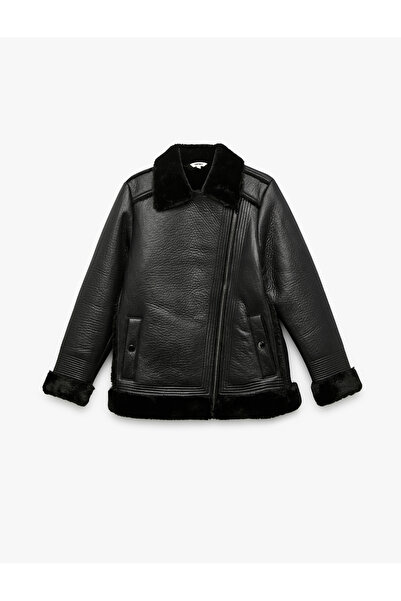 Koton Plush Lined Long Sleeve Collar Faux Fur Double-Breasted Leather-Look Jacket