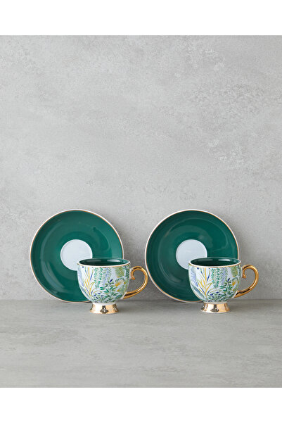 English Home Leafora New Bone China 4 Piece Coffee Cup Set for 2 People 100 ml Green-Blue