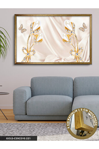 Evinemoda Gold Çiçekler Tek Parça Çerçeveli Kanvas Tablo