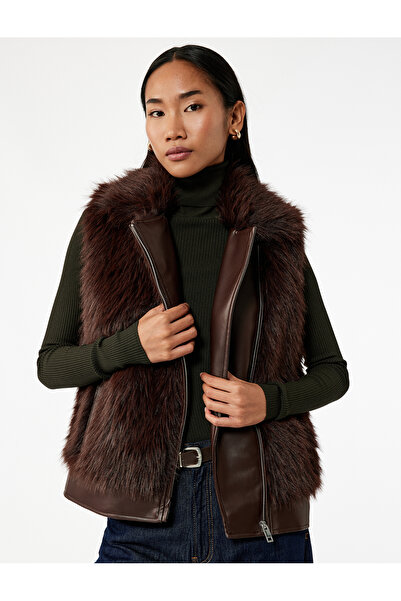 Koton Sleeveless Zippered Pocket Crop Faux Fur Vest