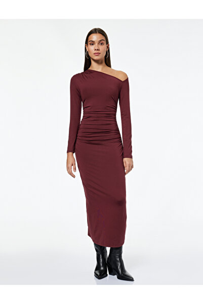 Koton Asymmetrical Neckline Long Sleeve Draped Midi Dress