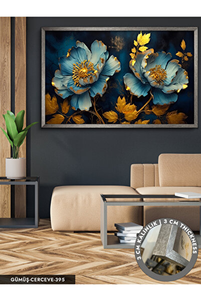 Evinemoda Mavi Arkaplan Çiçekler Tek Parça Çerçeveli Kanvas Tablo