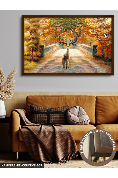 Evinemoda Geyik Çiçekler Tek Parça Çerçeveli Kanvas Tablo