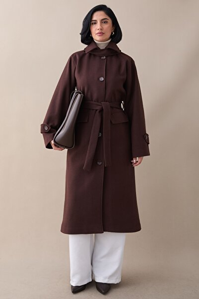 InStyle Bitter Brown Cashmere Coat with Epaulettes on the Collar and Flap Pocket
