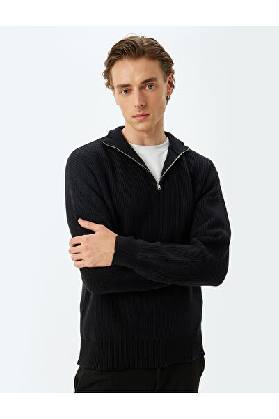 Koton Winter Knitwear Sweater Half Zipper Basic Textured Viscose Blend