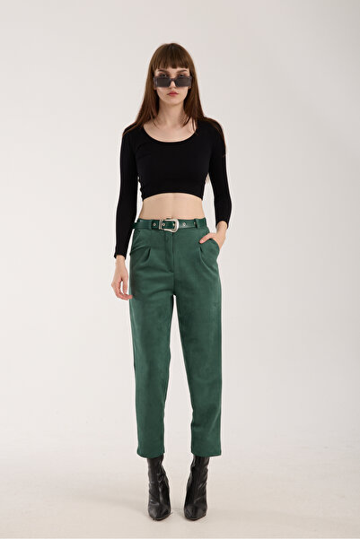 TheyYou Süet Kumaş Kemerli Pensli Kadın Pantolon / Suede Fabric Belted Pleated Women Pants