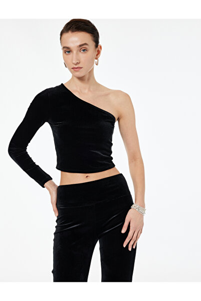 Koton Slim Fit Asymmetric Neckline Long Sleeve Crop One Shoulder Velvet Blouse