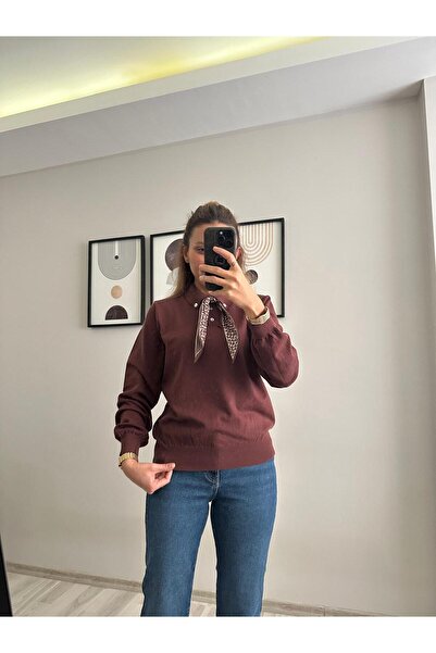 TB Butik Soft Textured - Satin Scarf - Polo Neck Knit Long Sleeve Sweater