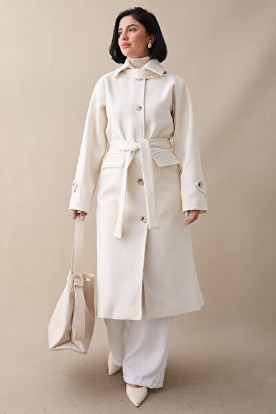 InStyle Пальто з коміром з еполетами, кишенями на клапанах, білим кашеміром