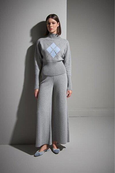JOIN US Mock Neck Gray Knit Sweater with Diamond Pattern